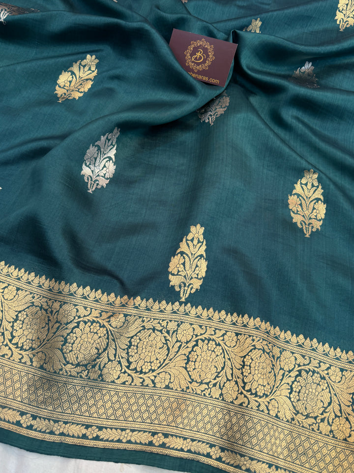 Teal Blue Silk Banarasi Saree with Kadwa Floral & Zari Work