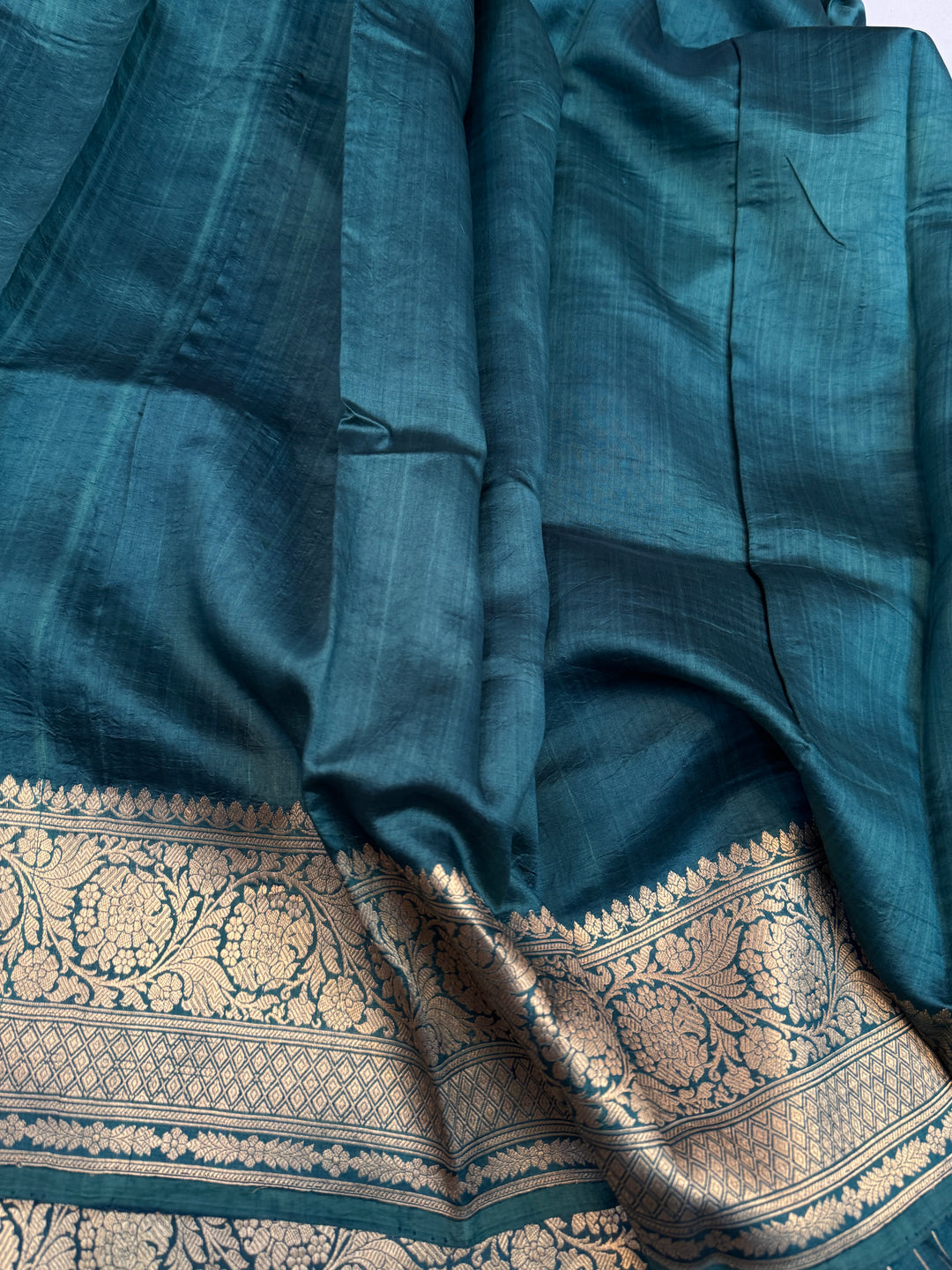 Teal Blue Silk Banarasi Saree with Kadwa Floral & Zari Work