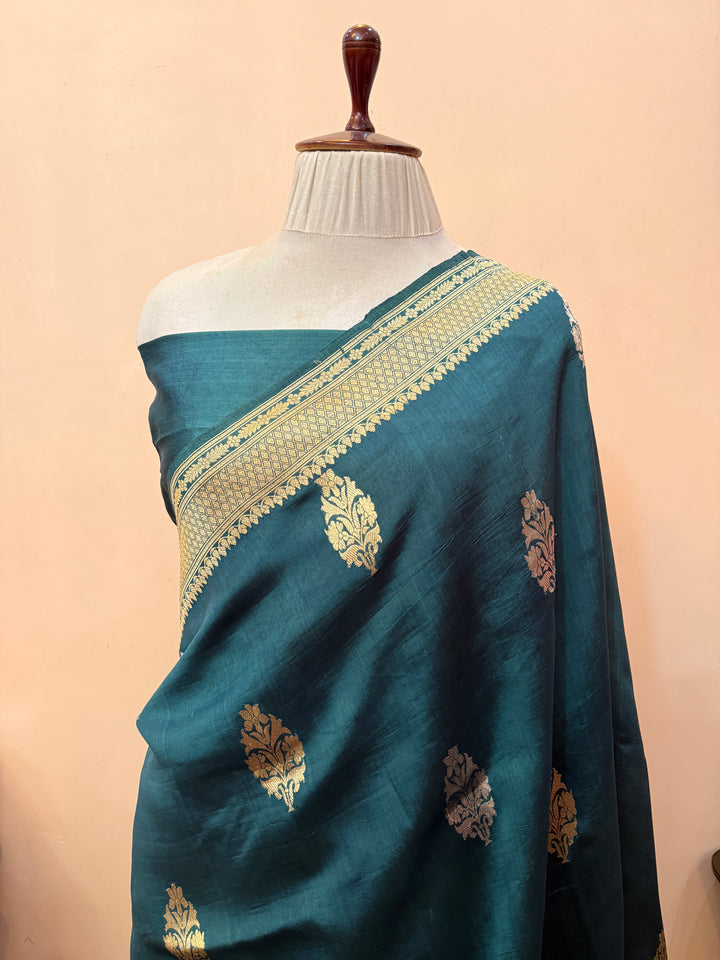Teal Blue Silk Banarasi Saree with Kadwa Floral & Zari Work