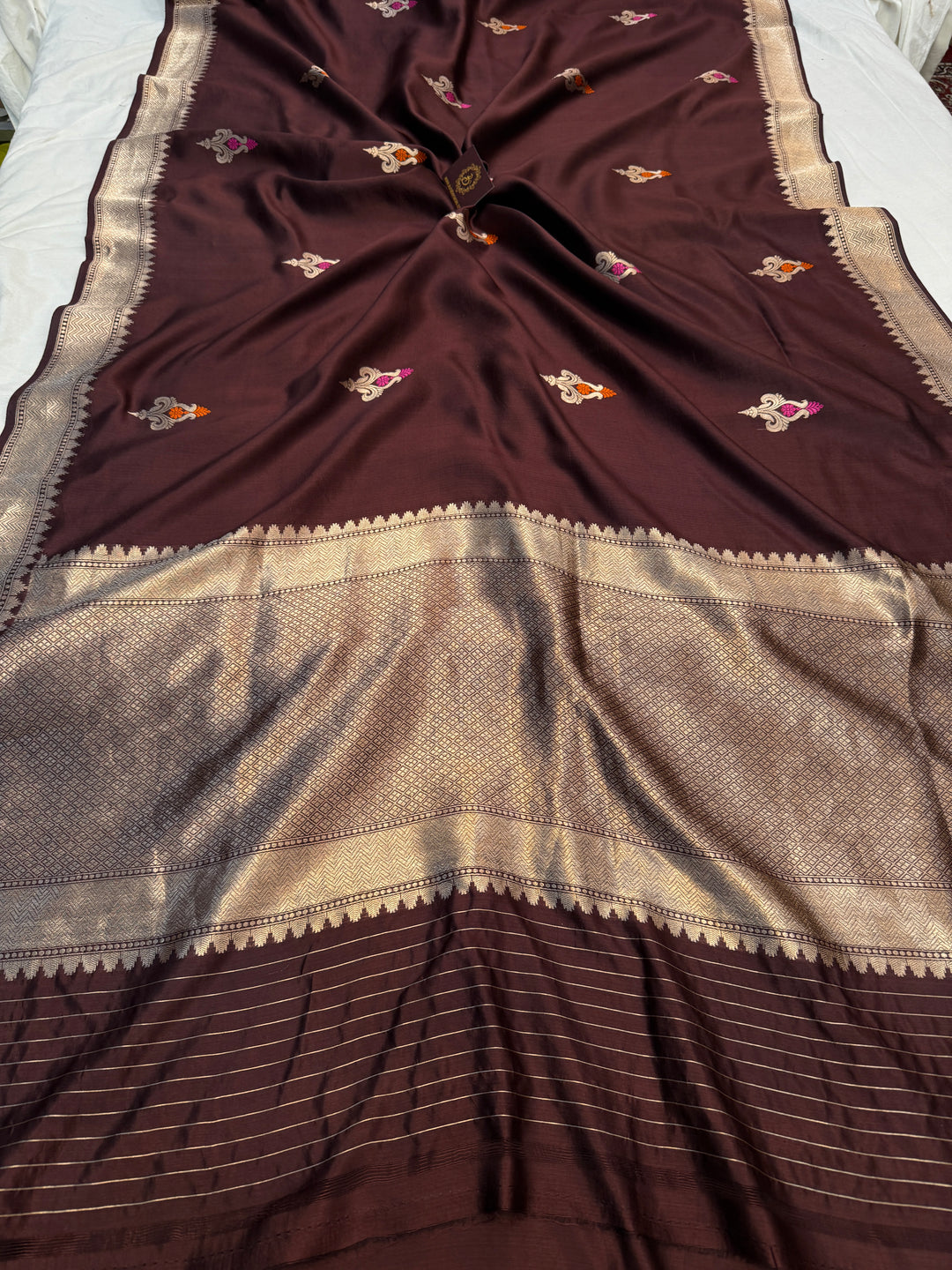 Brown Pure Banarasi Silk Saree with Kadhwa Meenakari Motifs