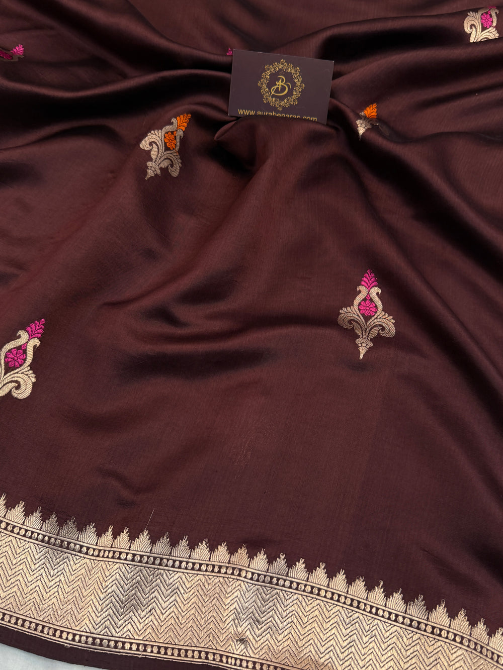Brown Pure Banarasi Silk Saree with Kadhwa Meenakari Motifs