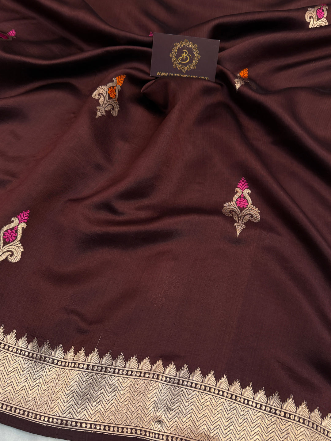 Brown Pure Banarasi Silk Saree with Kadhwa Meenakari Motifs