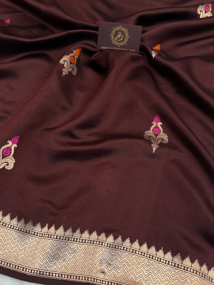 Brown Pure Banarasi Silk Saree with Kadhwa Meenakari Motifs