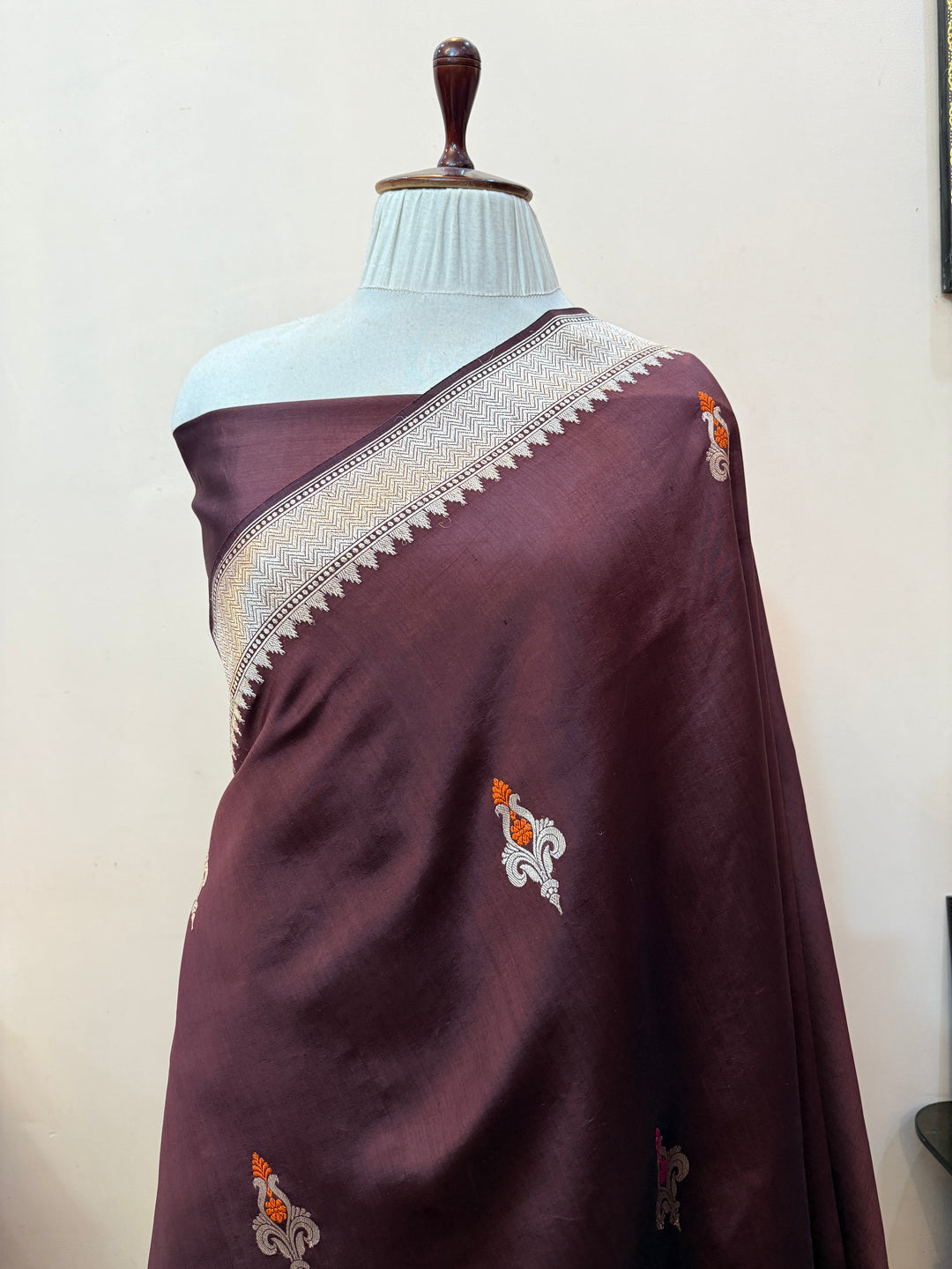 Brown Pure Banarasi Silk Saree with Kadhwa Meenakari Motifs
