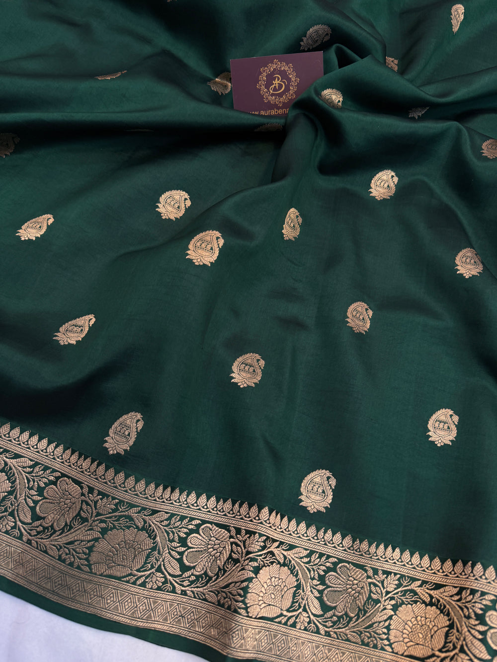 Bottle Green Pure Silk Handloom Banarasi Saree - AuraBenaras