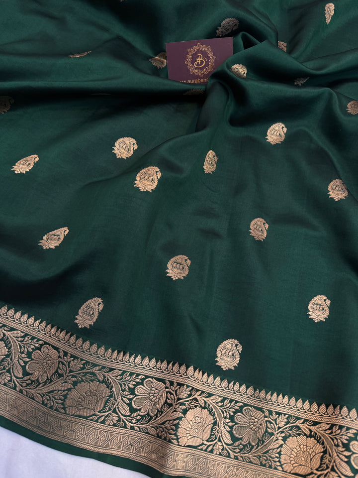 Bottle Green Pure Silk Handloom Banarasi Saree - AuraBenaras