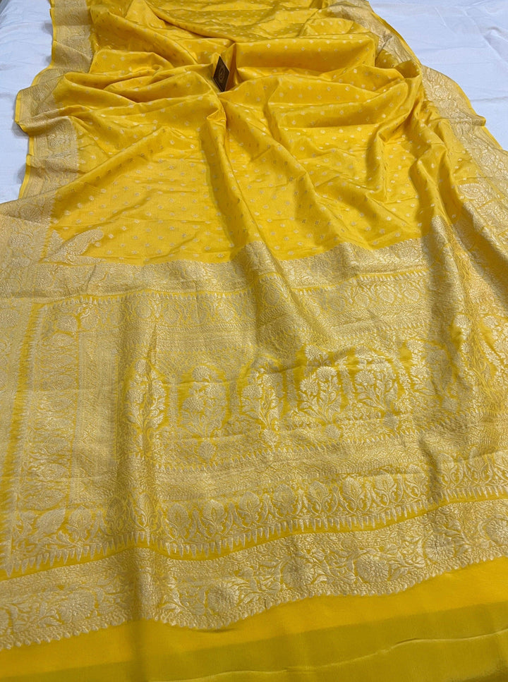 Yellow Pure Banarasi Khaddi Crepe Silk Saree - Aura Benaras