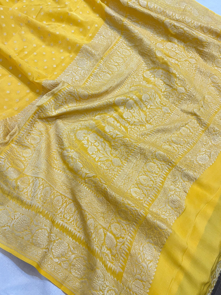 Yellow Pure Banarasi Khaddi Crepe Silk Saree - Aura Benaras