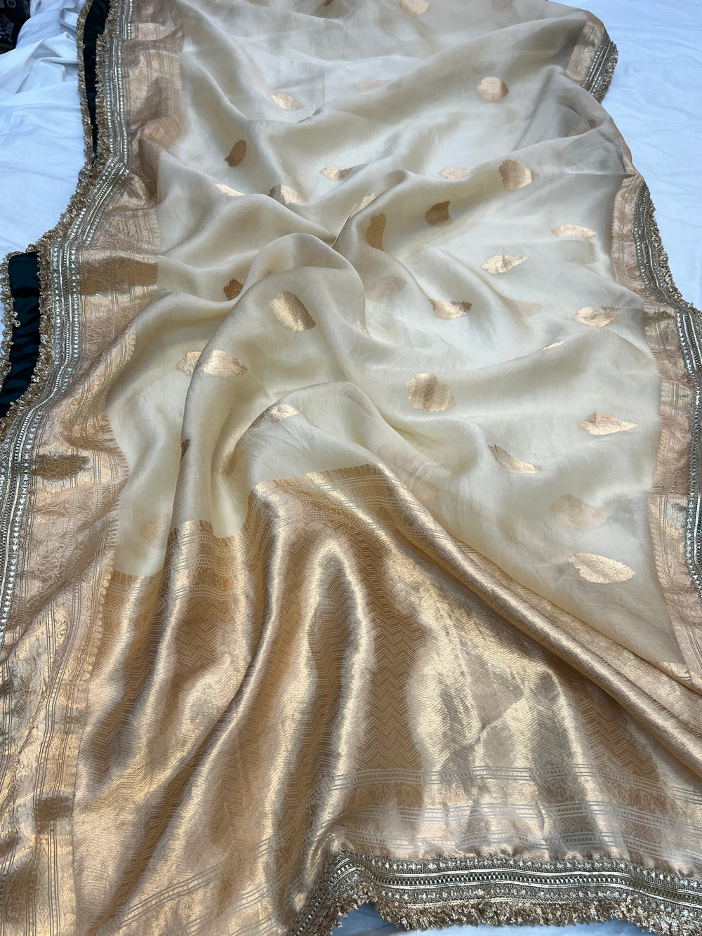 Cream Pure Kora Silk Handloom Banarasi Saree with kadhwa motifs