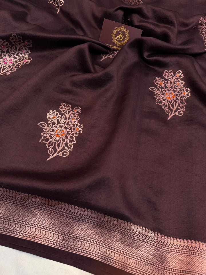 Coffee Brown Pure Silk Handloom Banarasi Saree - AuraBenaras
