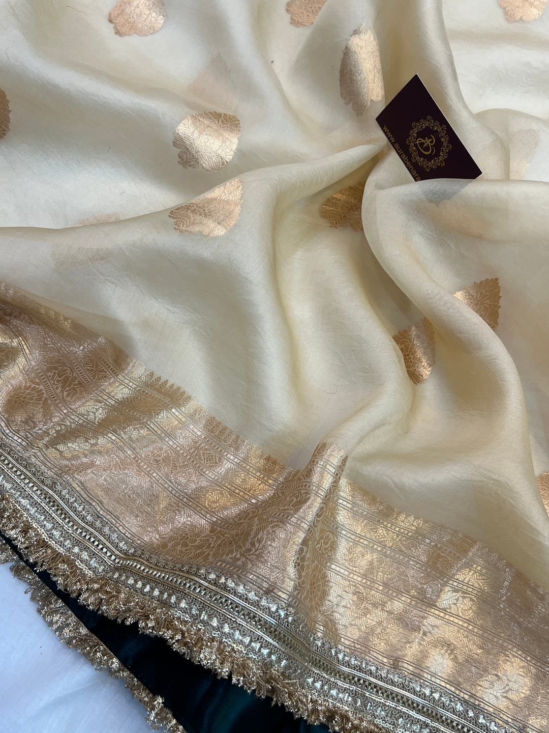 Cream Pure Kora Silk Handloom Banarasi Saree with kadhwa motifs