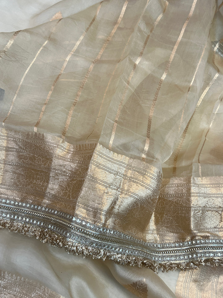 Cream Pure Kora Silk Handloom Banarasi Saree with kadhwa motifs