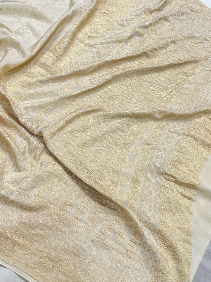 Cream Pure Banarasi Khaddi Crepe Silk Saree - Aura Benaras