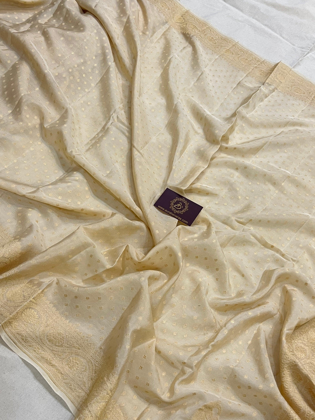 Cream Pure Banarasi Khaddi Crepe Silk Saree - Aura Benaras