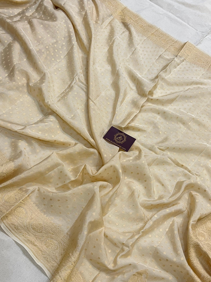 Cream Pure Banarasi Khaddi Crepe Silk Saree - Aura Benaras