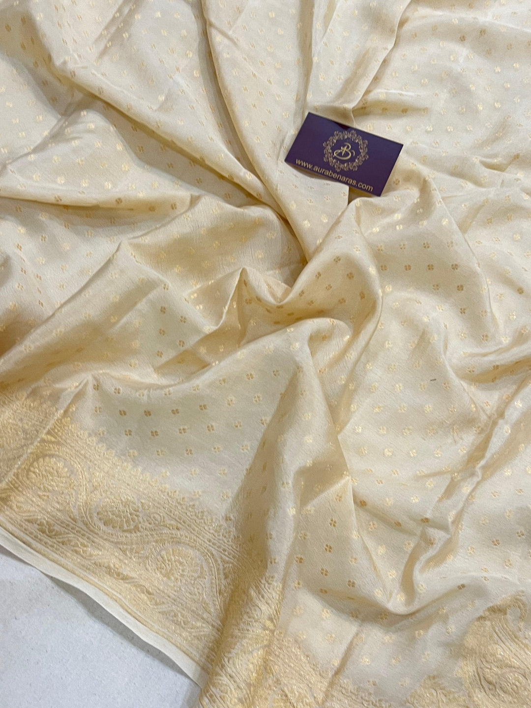 Cream Pure Banarasi Khaddi Crepe Silk Saree - Aura Benaras