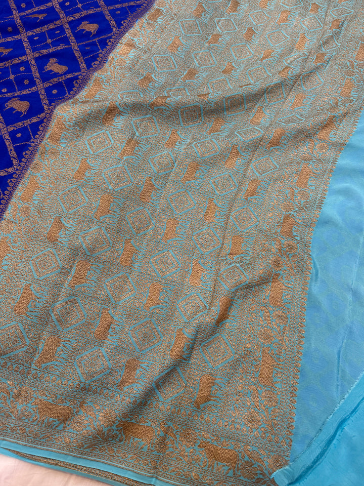 Royal Blue Pure Crepe Silk Handloom Banarasi Saree
