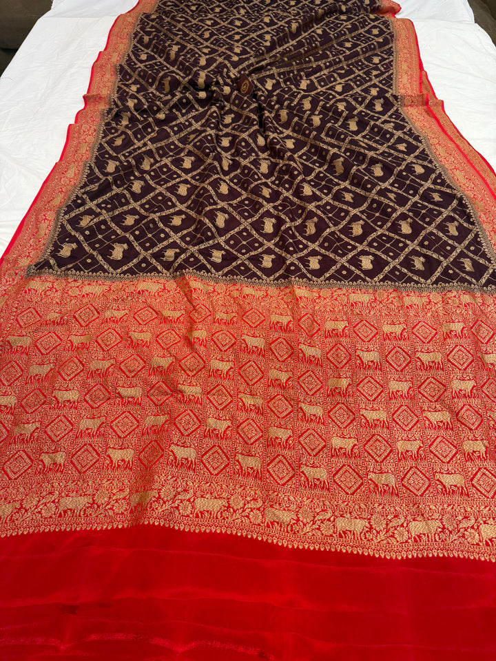 Brown Pure Crepe Silk Handloom Banarasi Saree