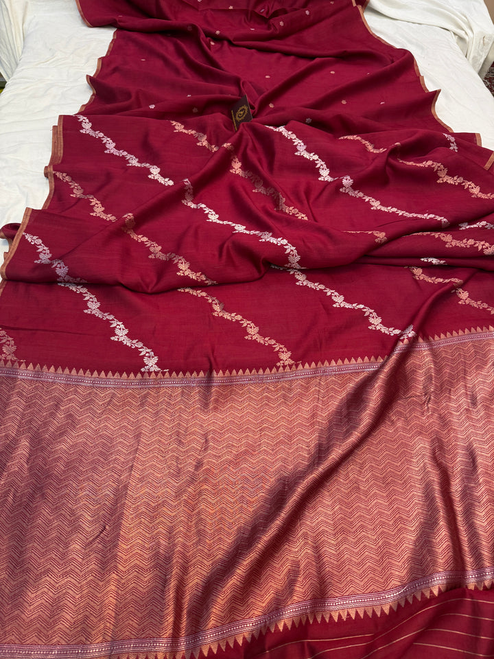 Maroon Pure Chiniya Silk Handloom Banarasi Saree