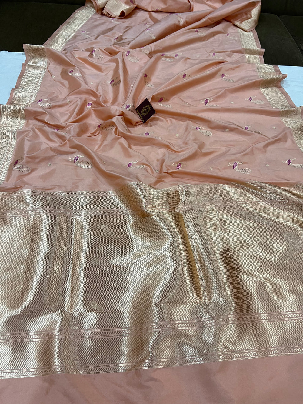 Peach Banarasi Handloom Katan Silk Saree | Aura Benaras
