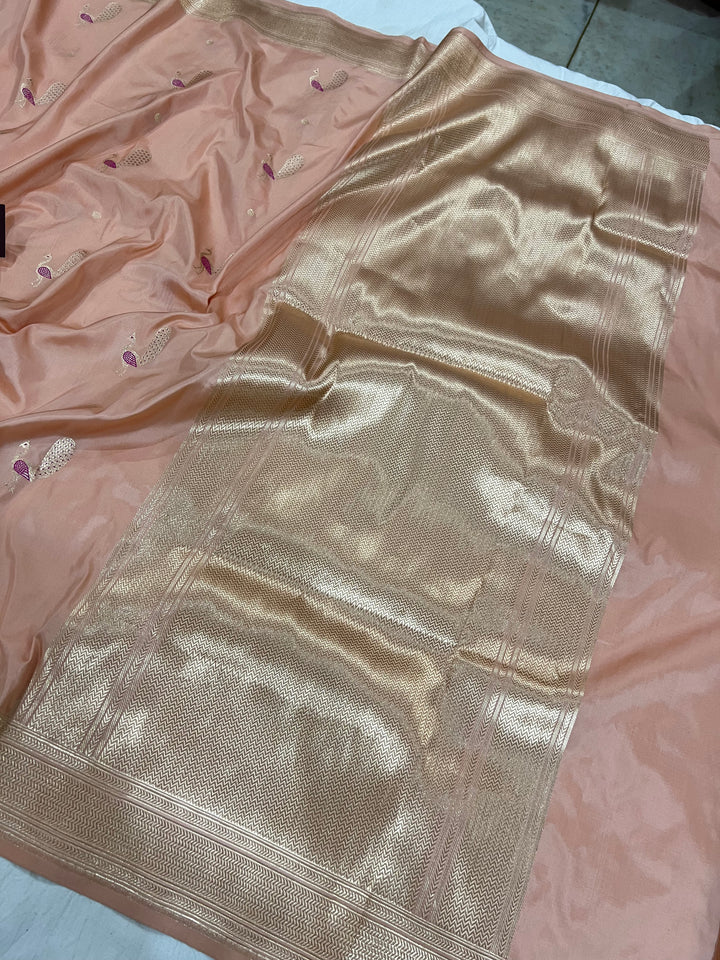 Peach Banarasi Handloom Katan Silk Saree | Aura Benaras