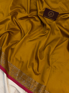 Mustard Yellow Banarasi Handloom Soft Silk Saree - Aura Benaras