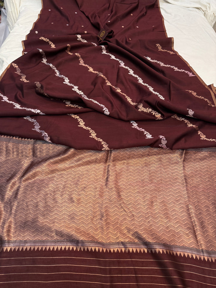 Brown Kora Silk Banarasi Saree with Kadwa Jaal – AuraBenaras