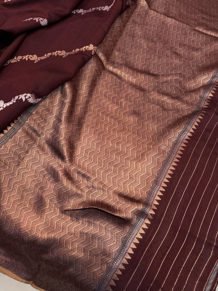 Brown Kora Silk Banarasi Saree with Kadwa Jaal – AuraBenaras