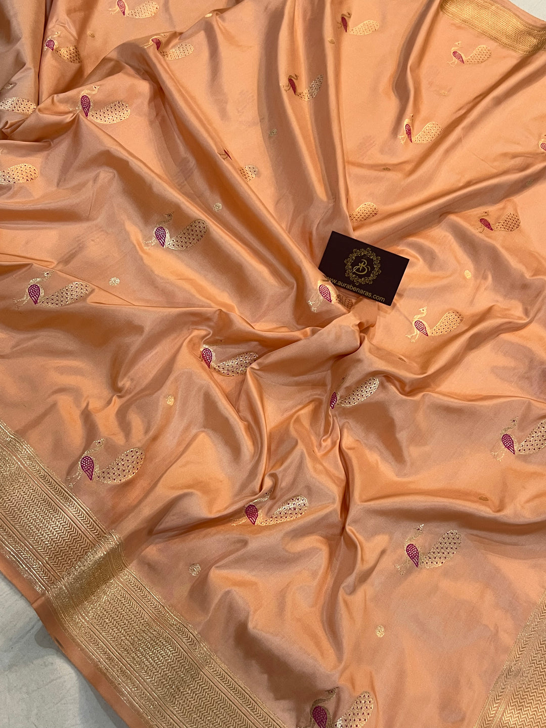 Peach Banarasi Handloom Katan Silk Saree | Aura Benaras