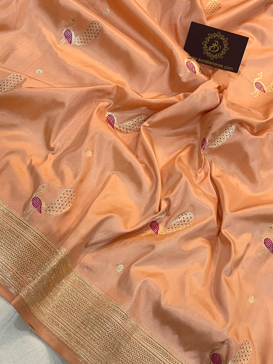 Peach Banarasi Handloom Katan Silk Saree | Aura Benaras