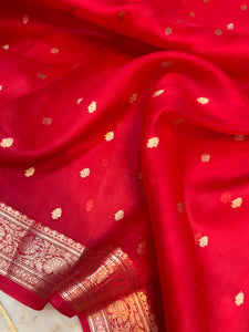 Cherry Red Banarasi Handloom Kora Silk Saree - Aura Benaras