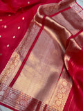 Cherry Red Banarasi Handloom Kora Silk Saree - Aura Benaras