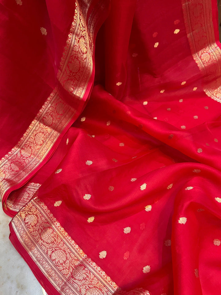 Cherry Red Banarasi Handloom Kora Silk Saree - Aura Benaras