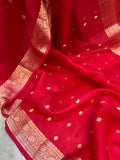 Cherry Red Banarasi Handloom Kora Silk Saree - Aura Benaras