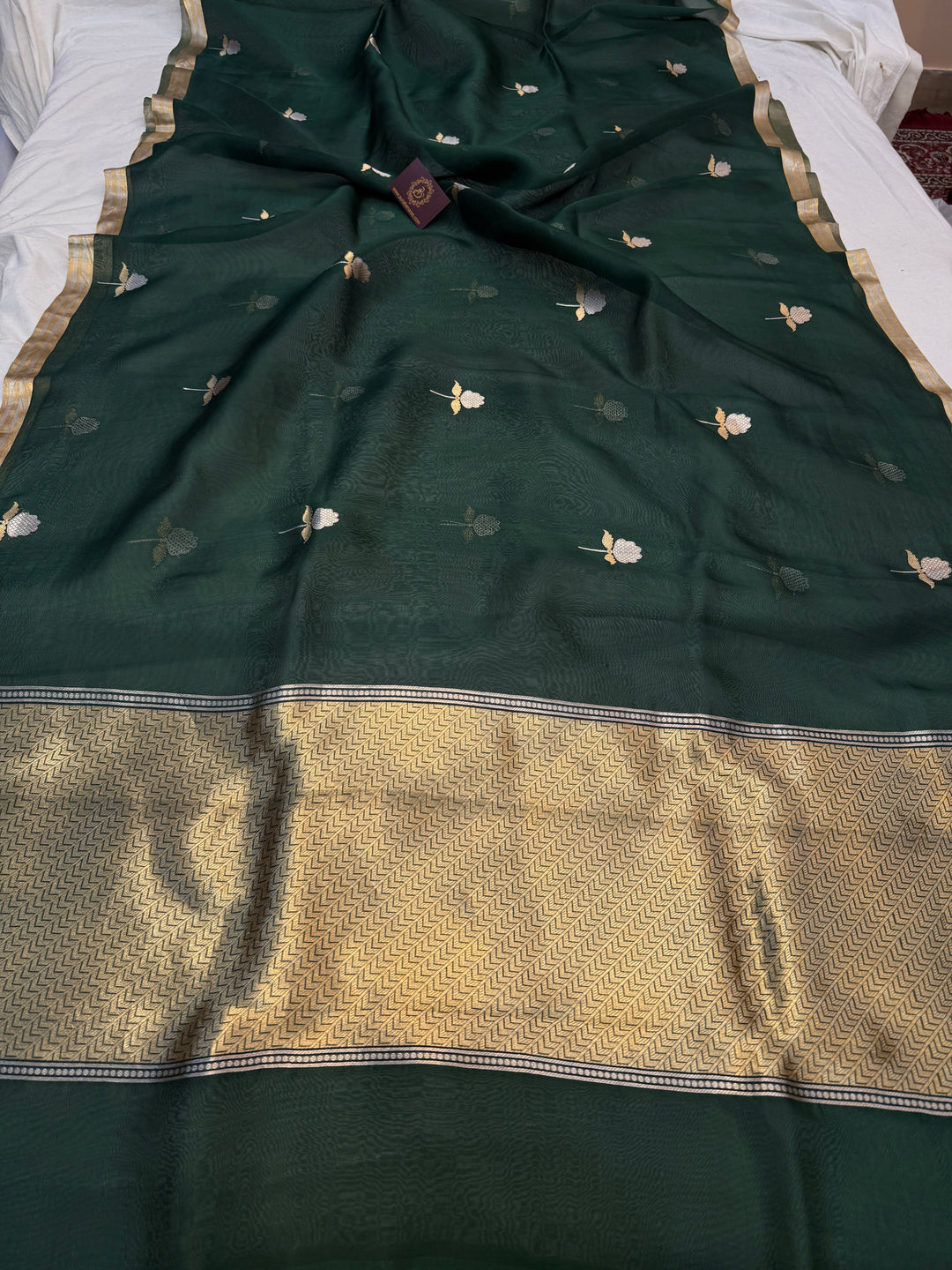 Bottle Green Kora Silk Banarasi Saree with Sona Rupa Butis