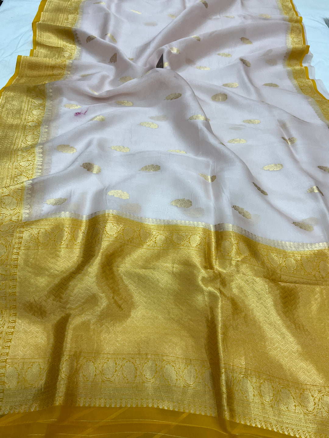 Pani Peach Banarasi Handloom Kora Silk Saree