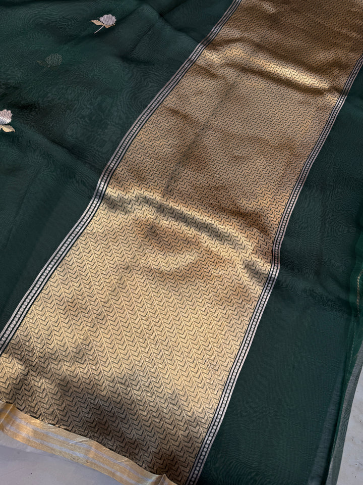 Bottle Green Kora Silk Banarasi Saree with Sona Rupa Butis