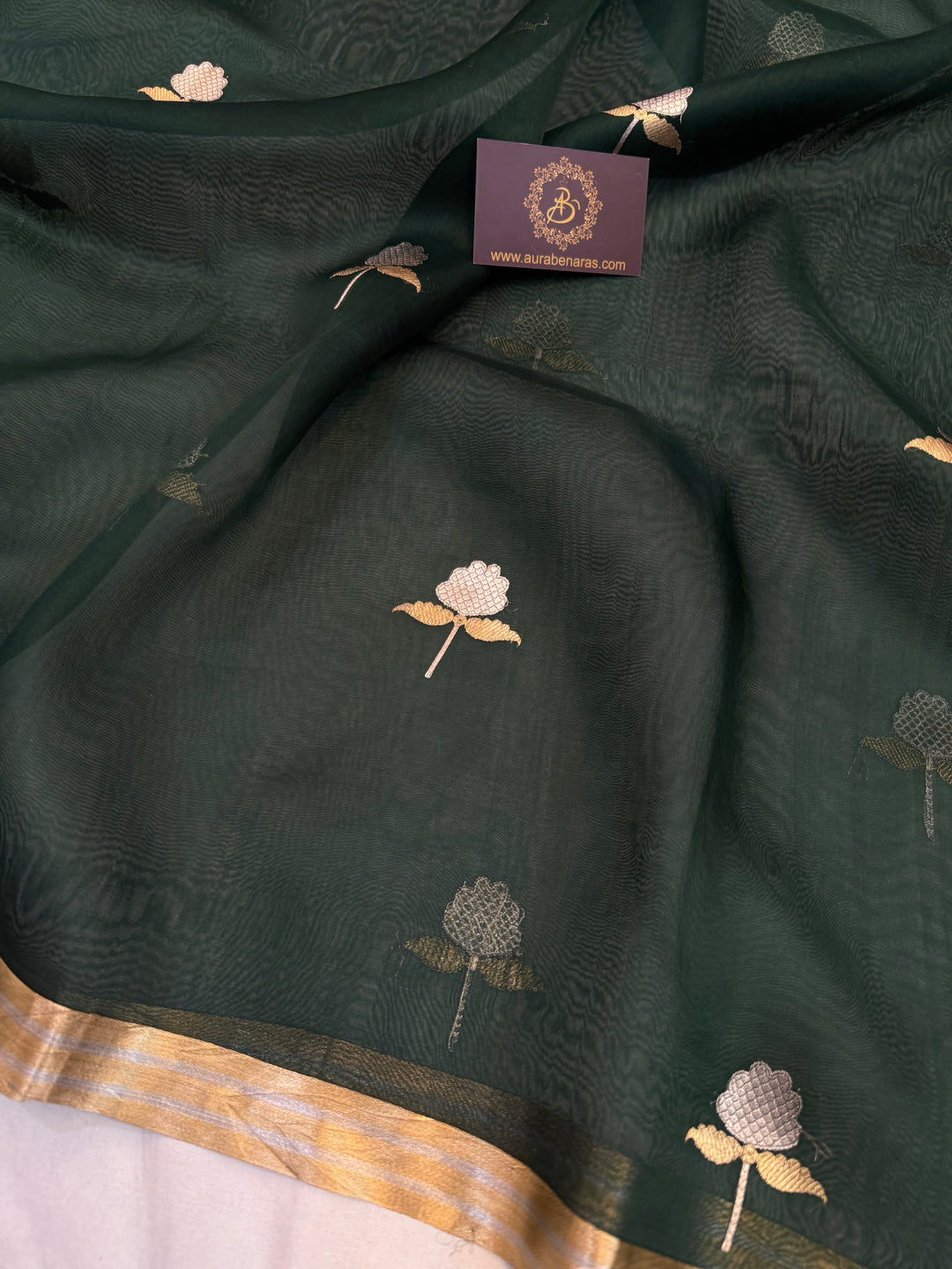 Bottle Green Kora Silk Banarasi Saree with Sona Rupa Butis