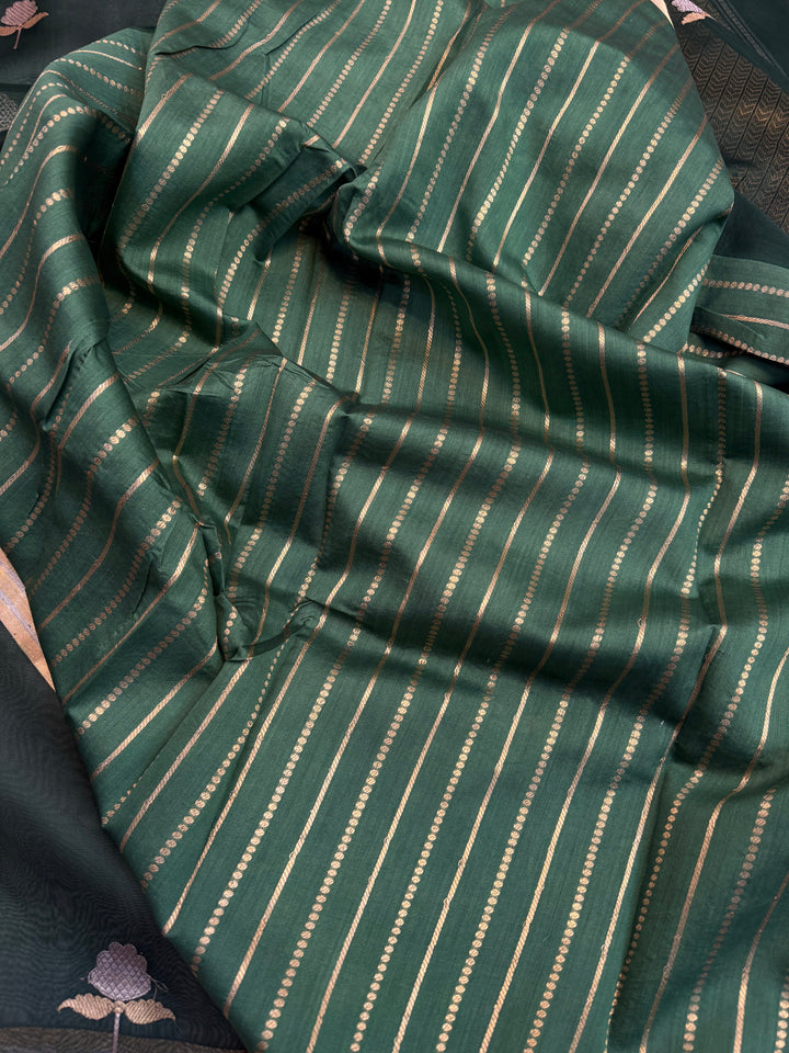 Bottle Green Kora Silk Banarasi Saree with Sona Rupa Butis