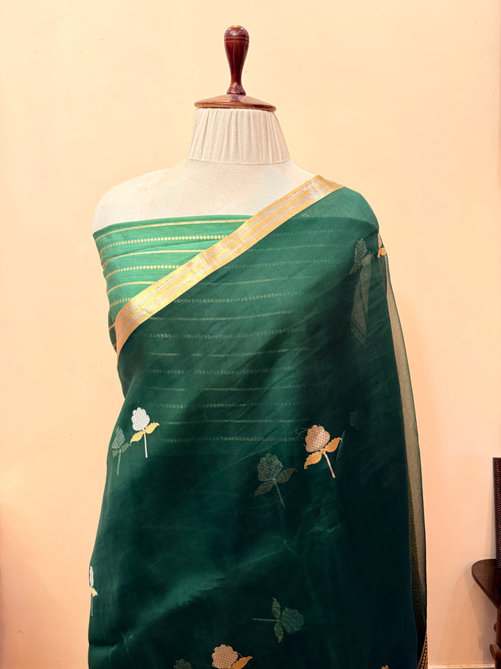Bottle Green Kora Silk Banarasi Saree with Sona Rupa Butis