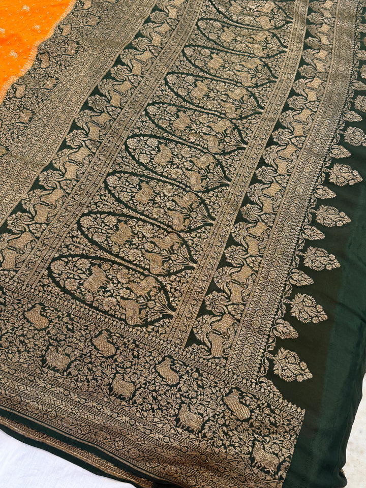 Orange Pure Crepe Silk Handloom Banarasi Saree
