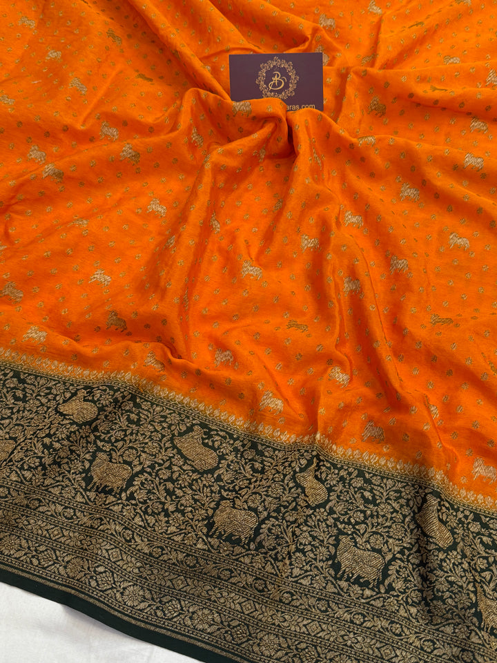 Orange Pure Crepe Silk Handloom Banarasi Saree