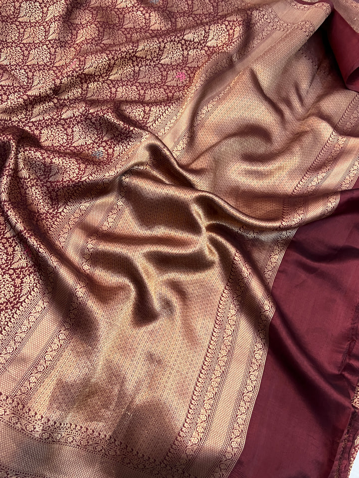 Maroon Pure Katan silk Handloom Banarasi Saree