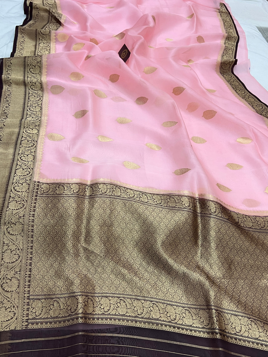 Baby Pink Banarasi Handloom Kora Silk Saree