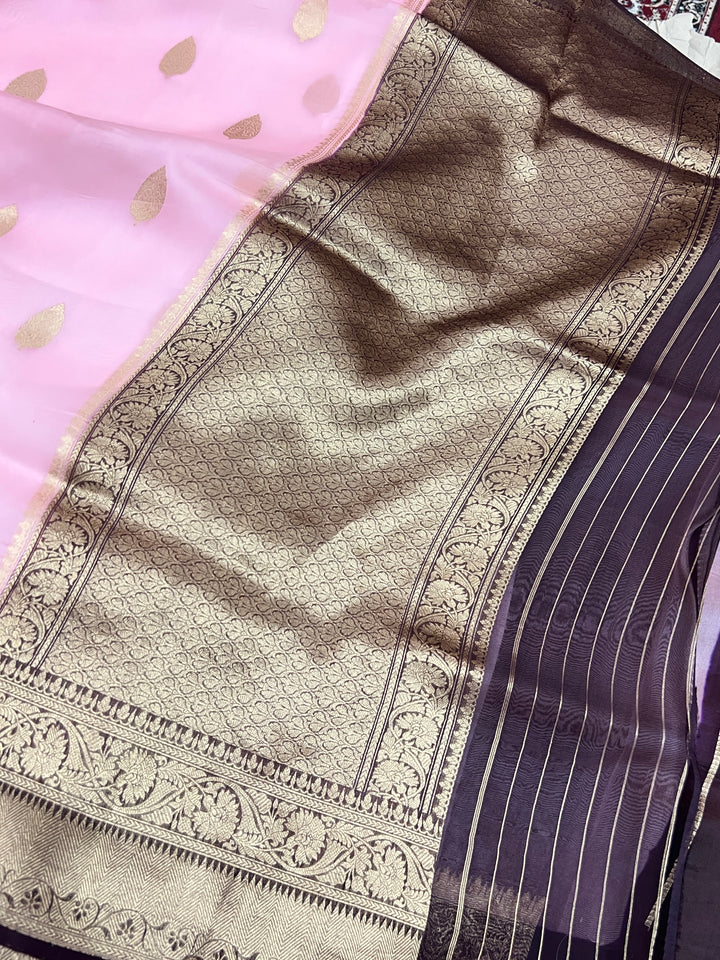 Baby Pink Banarasi Handloom Kora Silk Saree