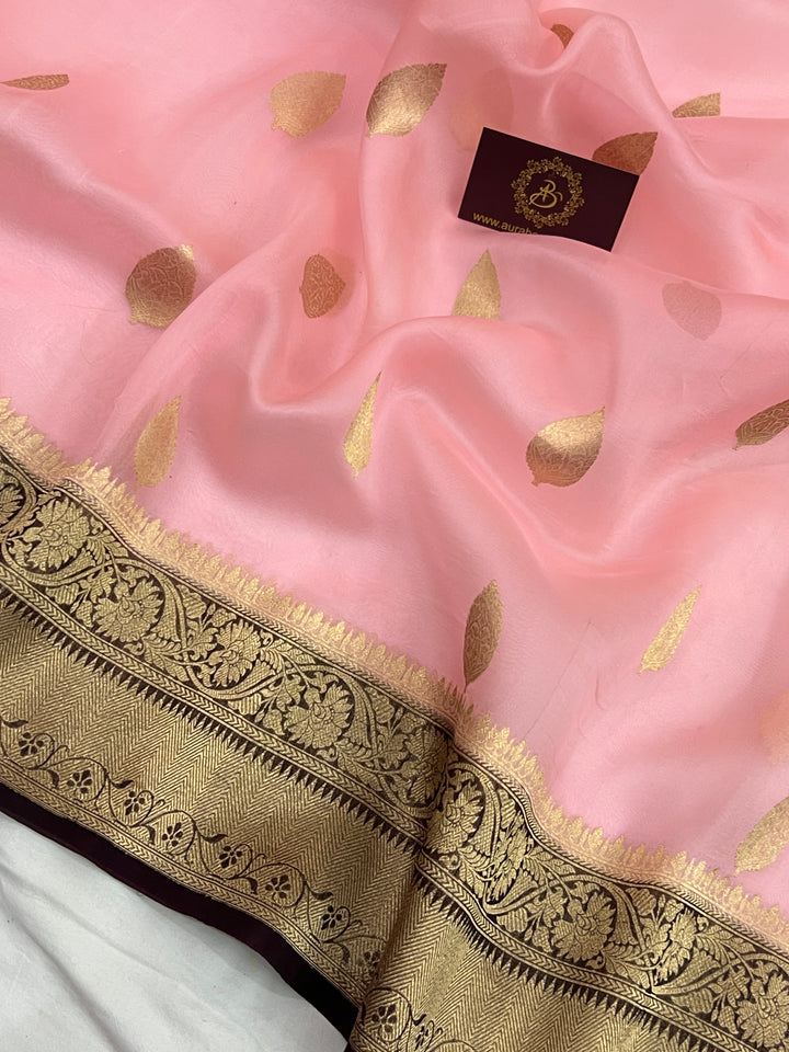 Baby Pink Banarasi Handloom Kora Silk Saree