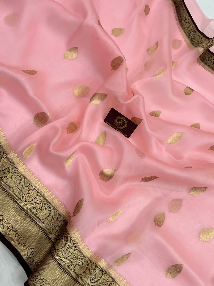 Baby Pink Banarasi Handloom Kora Silk Saree