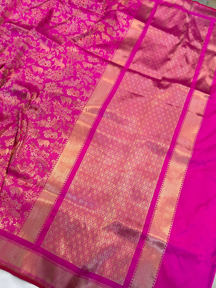 Rani Pink Katan Silk Shikargah Banarasi Saree – Aura Benaras
