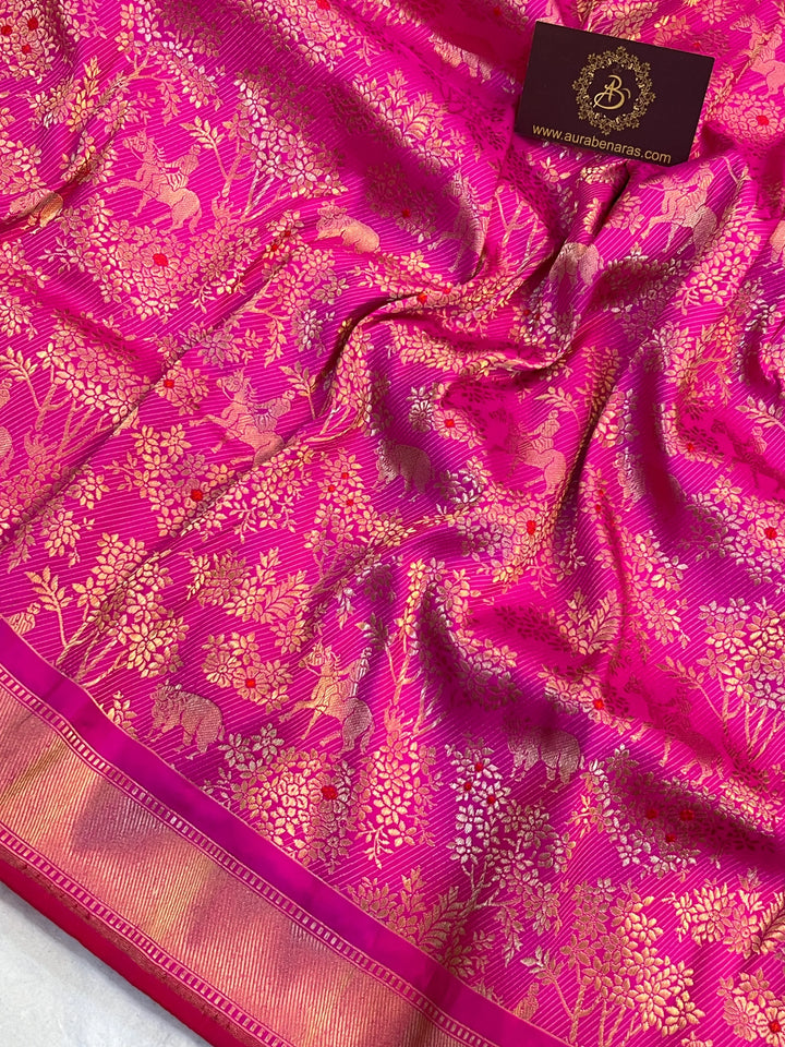 Rani Pink Katan Silk Shikargah Banarasi Saree – Aura Benaras