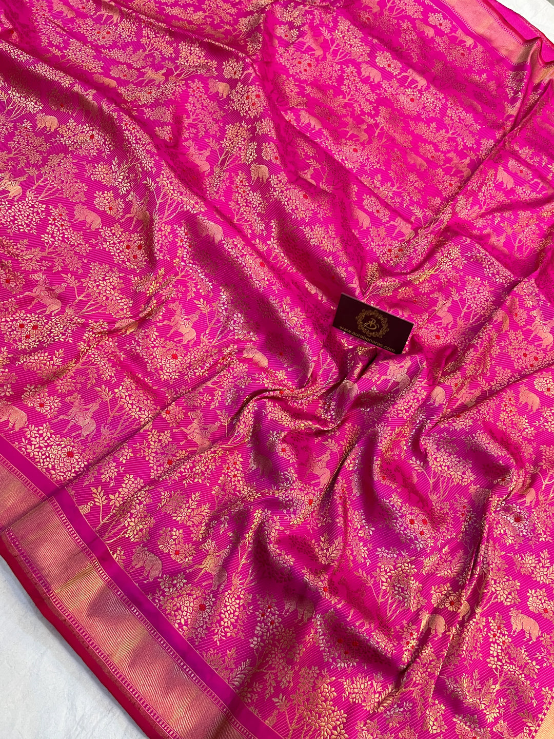 Rani Pink Katan Silk Shikargah Banarasi Saree – Aura Benaras